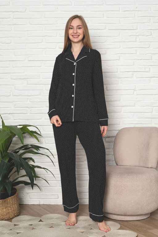 Kadın Pijama Takımı - Siyah Puantiyeli Önden Düğmeli Uzun Kollu Likralı Viskon 2888UY - 3