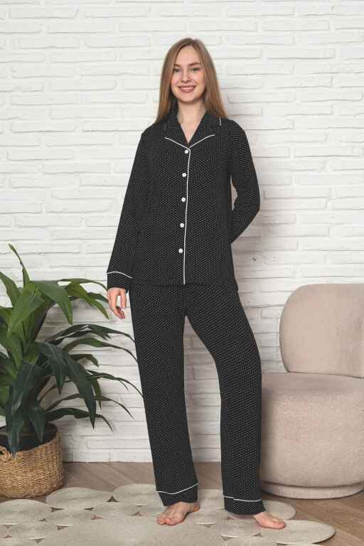 Kadın Pijama Takımı - Siyah Puantiyeli Önden Düğmeli Uzun Kollu Likralı Viskon 2888UY - 4