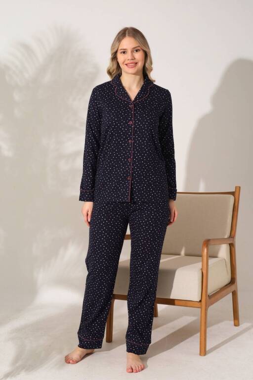Kadın Pijama Takımı - Siyah Puantiyeli Önden Düğmeli Uzun Kollu Penye 2903UY - 3