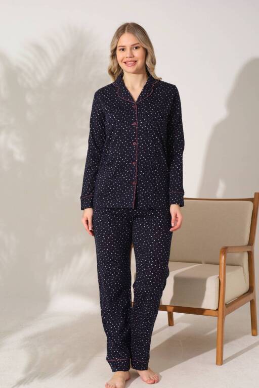 Kadın Pijama Takımı - Siyah Puantiyeli Önden Düğmeli Uzun Kollu Penye 2903UY - 4