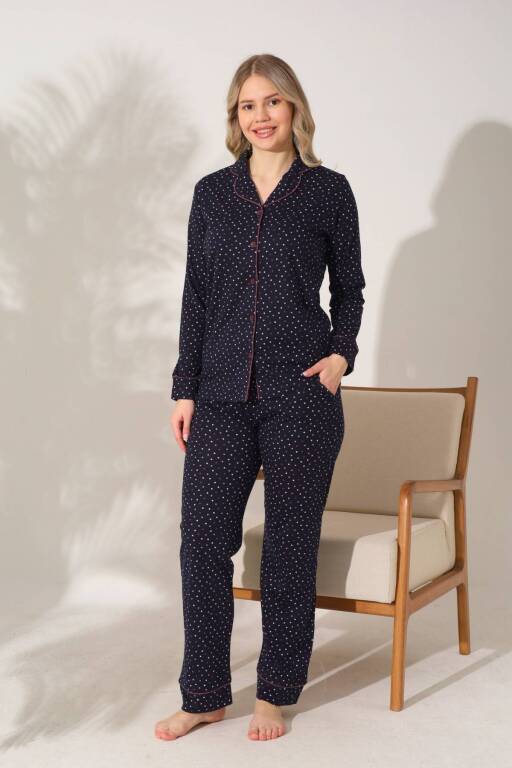Kadın Pijama Takımı - Siyah Puantiyeli Önden Düğmeli Uzun Kollu Penye 2903UY - Alimer
