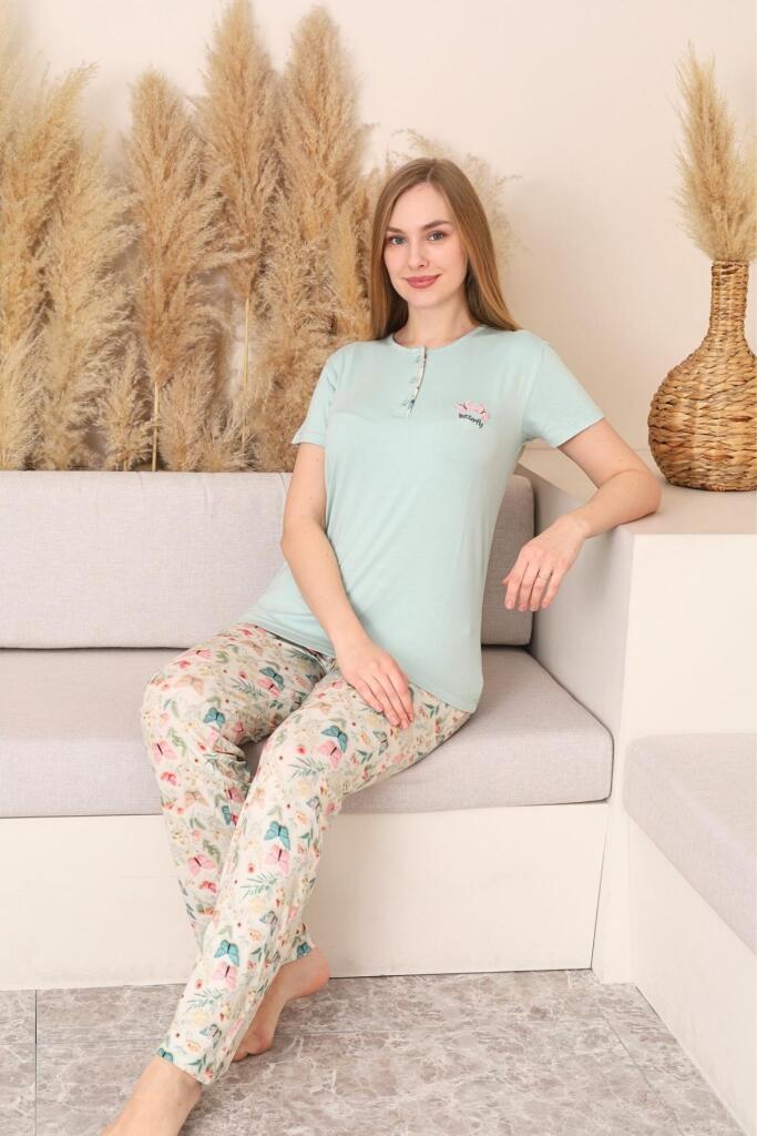 Kadın Pijama Takımı - Yeşil 3D Kelebek Desenli Kısa Kol Likralı Viskon 2876KY - 2