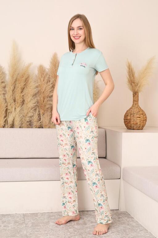 Kadın Pijama Takımı - Yeşil 3D Kelebek Desenli Kısa Kol Likralı Viskon 2876KY - 4
