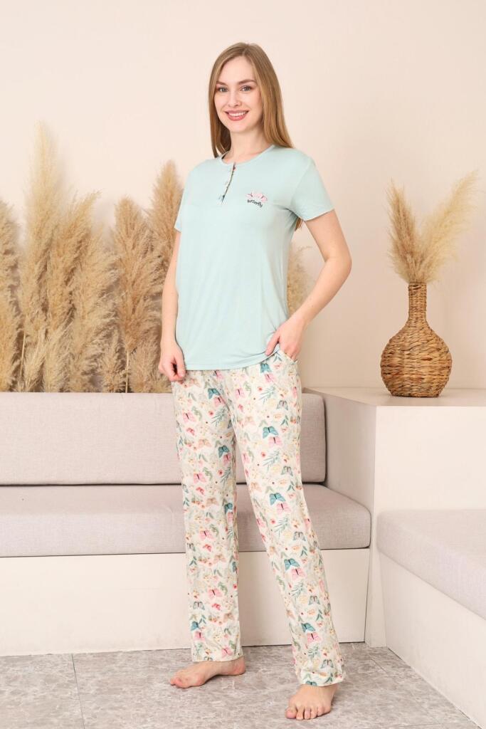 Kadın Pijama Takımı - Yeşil 3D Kelebek Desenli Kısa Kol Likralı Viskon 2876KY - 4
