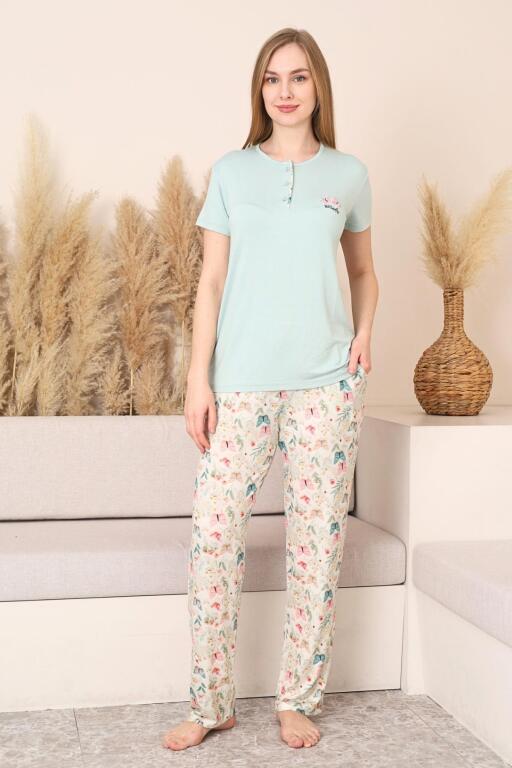 Kadın Pijama Takımı - Yeşil 3D Kelebek Desenli Kısa Kol Likralı Viskon 2876KY - Alimer
