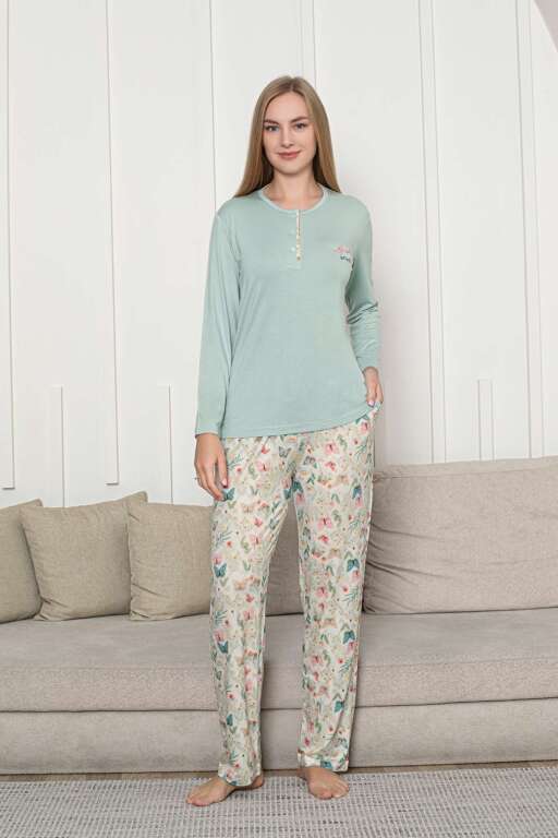 Kadın Pijama Takımı - Yeşil 3D Kelebek Desenli Uzun Kol Likralı Viskon 2876UY - 1
