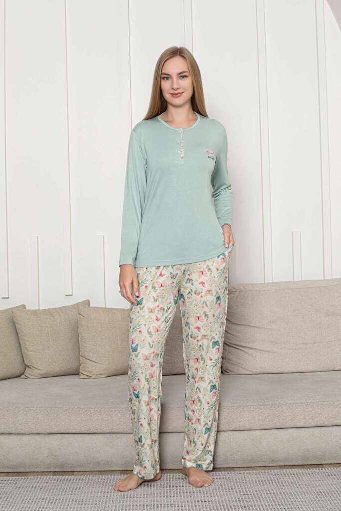 Kadın Pijama Takımı - Yeşil 3D Kelebek Desenli Uzun Kol Likralı Viskon 2876UY - 1