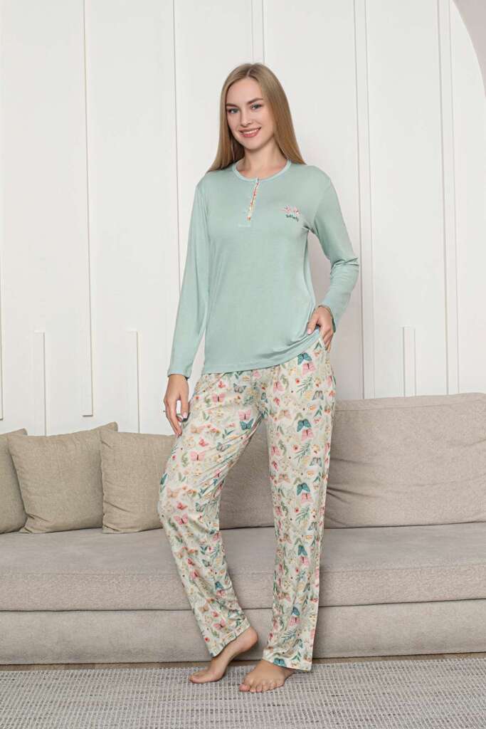 Kadın Pijama Takımı - Yeşil 3D Kelebek Desenli Uzun Kol Likralı Viskon 2876UY - 3