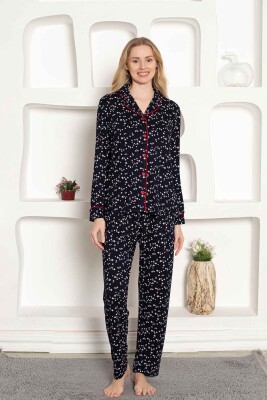 Kadın Pijama Takımı - Yıldız Desenli Önden Düğmeli Uzun Kollu Penye 2536UY - Alimer