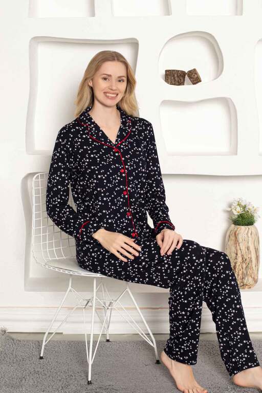 Kadın Pijama Takımı - Yıldız Desenli Önden Düğmeli Uzun Kollu Penye 2536UY - Alimer (1)