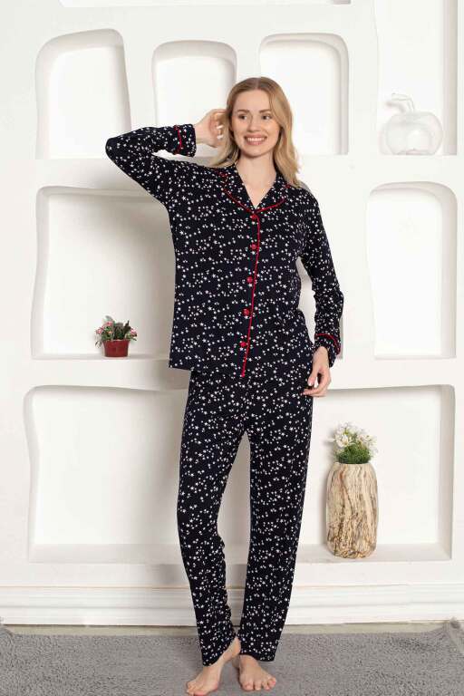 Kadın Pijama Takımı - Yıldız Desenli Önden Düğmeli Uzun Kollu Penye 2536UY - Alimer