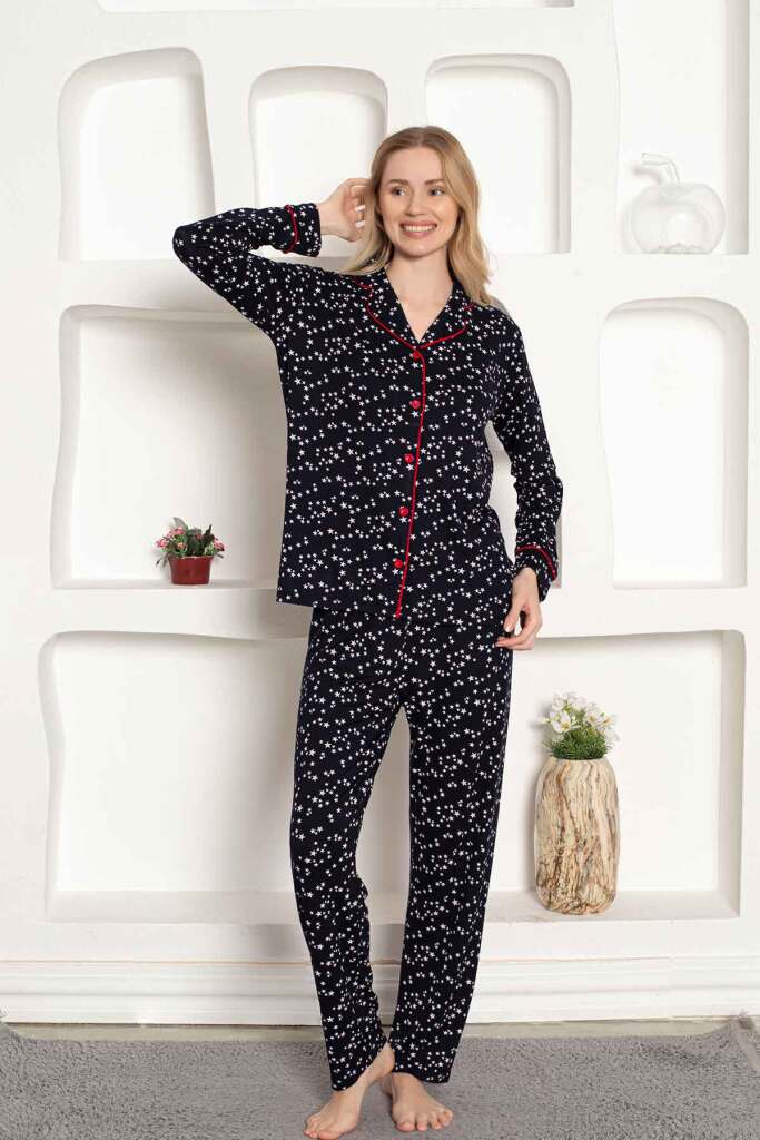 Kadın Pijama Takımı - Yıldız Desenli Önden Düğmeli Uzun Kollu Penye 2536UY - 1
