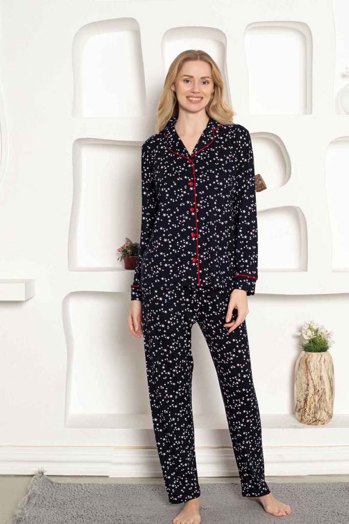 Kadın Pijama Takımı - Yıldız Desenli Önden Düğmeli Uzun Kollu Penye 2536UY - 3