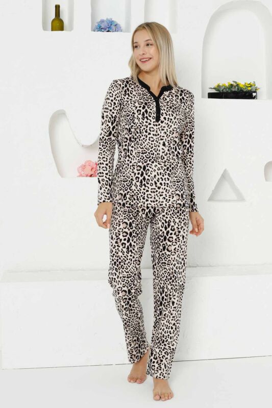 Kahverengi Leopar Uzun Kollu Bayan Pijama Takımı 2761UK - 1