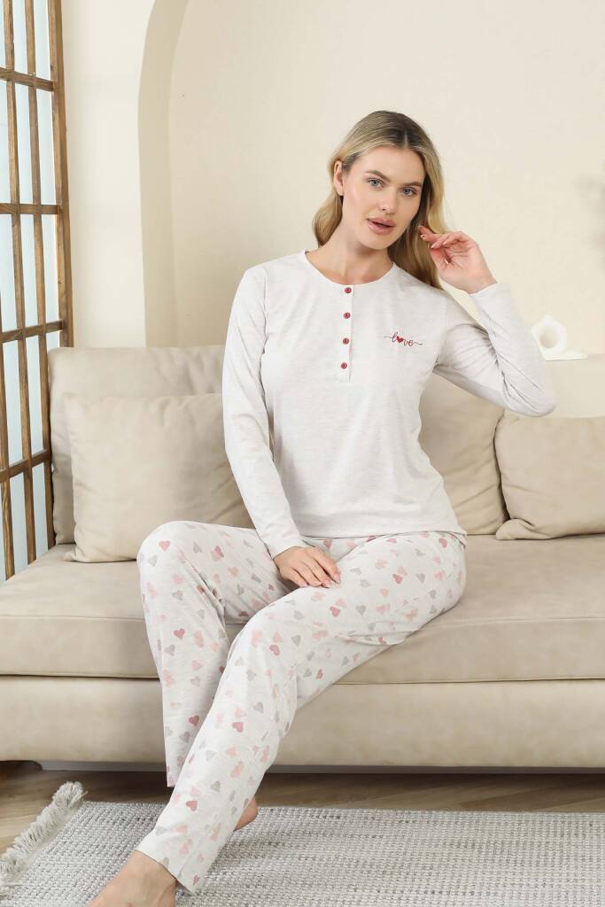 Kalp Desenli Kadın Pijama Takımı - Gri Melanj Uzun Kollu Likralı Viskon 2870UY - 2