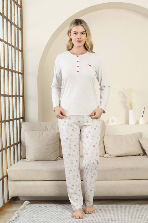 Kalp Desenli Kadın Pijama Takımı - Gri Melanj Uzun Kollu Likralı Viskon 2870UY - 4