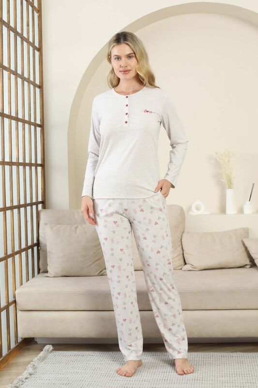 Kalp Desenli Kadın Pijama Takımı - Gri Melanj Uzun Kollu Likralı Viskon 2870UY - 3