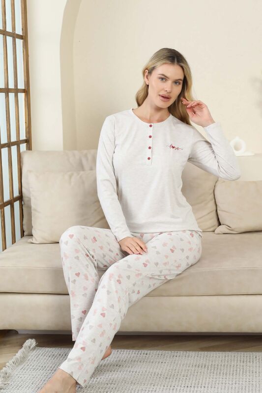Kalp Desenli Kadın Pijama Takımı - Gri Melanj Uzun Kollu Likralı Viskon 2870UY - 2