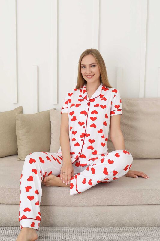 Kalp Desenli Kadın Pijama Takımı - Önden Düğmeli Likralı Kısa Kollu 2860KY - 4