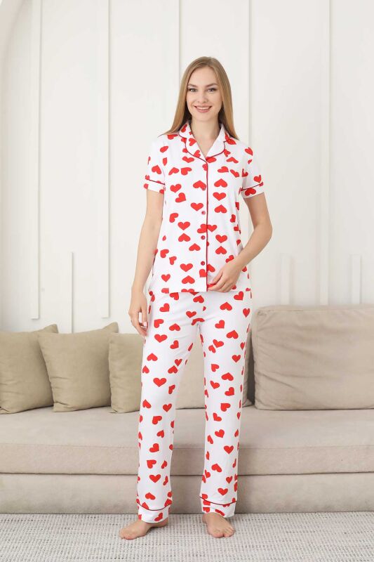 Kalp Desenli Kadın Pijama Takımı - Önden Düğmeli Likralı Kısa Kollu 2860KY - 1