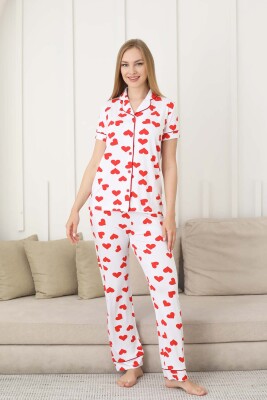 Kalp Desenli Kadın Pijama Takımı - Önden Düğmeli Likralı Kısa Kollu 2860KY - 2