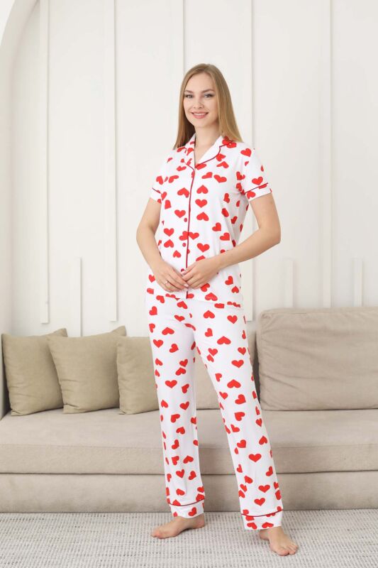 Kalp Desenli Kadın Pijama Takımı - Önden Düğmeli Likralı Kısa Kollu 2860KY - 3