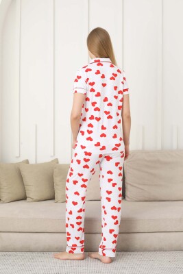 Kalp Desenli Kadın Pijama Takımı - Önden Düğmeli Likralı Kısa Kollu 2860KY - 5
