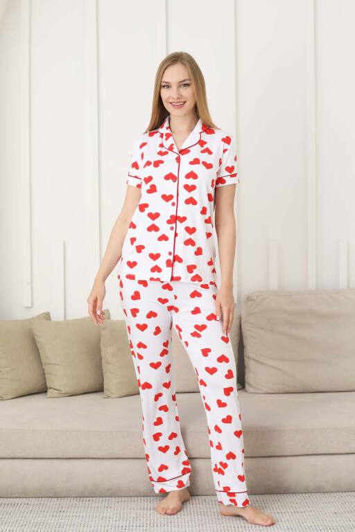 Kalp Desenli Kadın Pijama Takımı - Önden Düğmeli Likralı Kısa Kollu 2860KY - 3