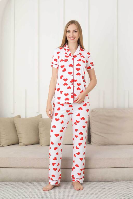 Kalp Desenli Kadın Pijama Takımı - Önden Düğmeli Likralı Kısa Kollu 2860KY - 4