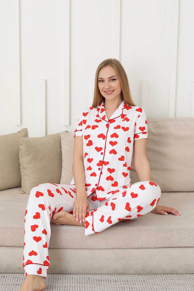 Kalp Desenli Kadın Pijama Takımı - Önden Düğmeli Likralı Kısa Kollu 2860KY - 2