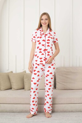 Kalp Desenli Kadın Pijama Takımı - Önden Düğmeli Likralı Kısa Kollu 2860KY - Alimer