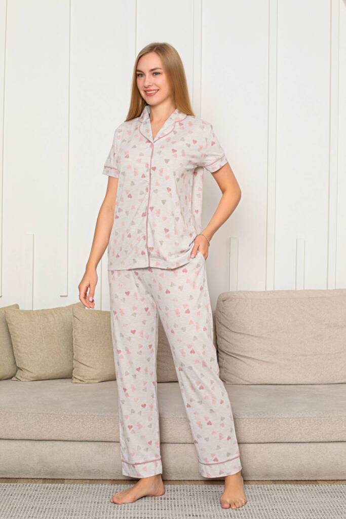 Kalp Desenli Kadın Pijama Takımı - Önden Düğmeli Likralı Kısa Kollu 2868KY - 2