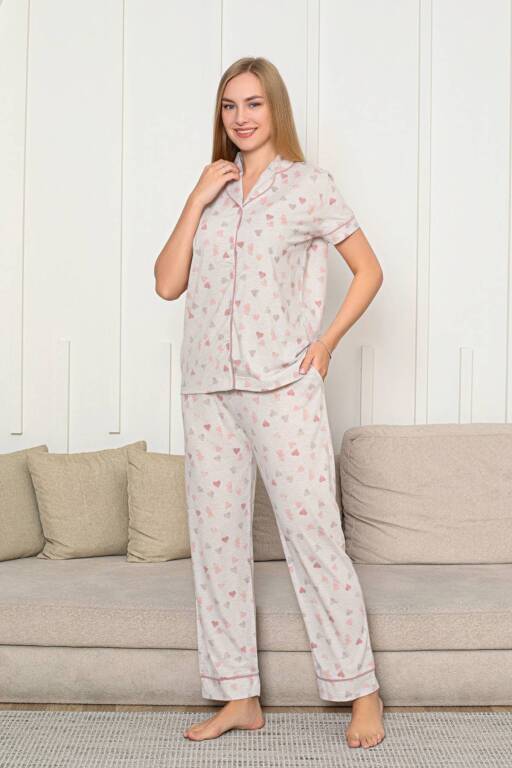 Kalp Desenli Kadın Pijama Takımı - Önden Düğmeli Likralı Kısa Kollu 2868KY - 4