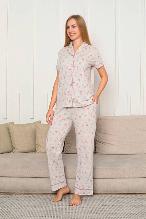 Kalp Desenli Kadın Pijama Takımı - Önden Düğmeli Likralı Kısa Kollu 2868KY - 3