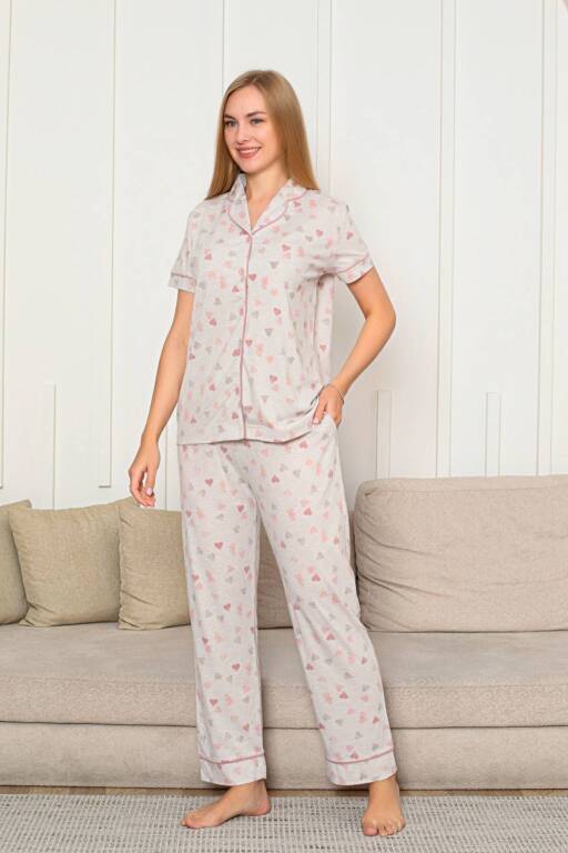 Kalp Desenli Kadın Pijama Takımı - Önden Düğmeli Likralı Kısa Kollu 2868KY - Alimer (1)