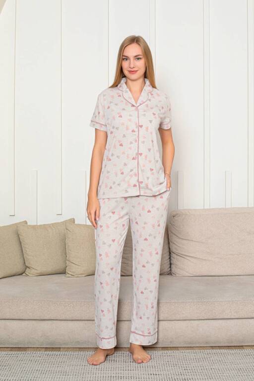 Kalp Desenli Kadın Pijama Takımı - Önden Düğmeli Likralı Kısa Kollu 2868KY - Alimer
