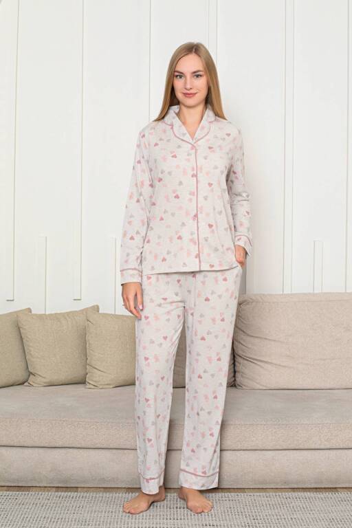 Kalp Desenli Kadın Pijama Takımı - Önden Düğmeli Likralı Uzun Kollu 2868UY - Alimer