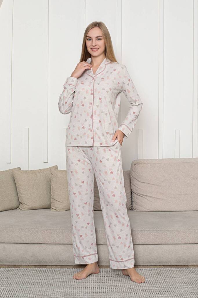 Kalp Desenli Kadın Pijama Takımı - Önden Düğmeli Likralı Uzun Kollu 2868UY - 4