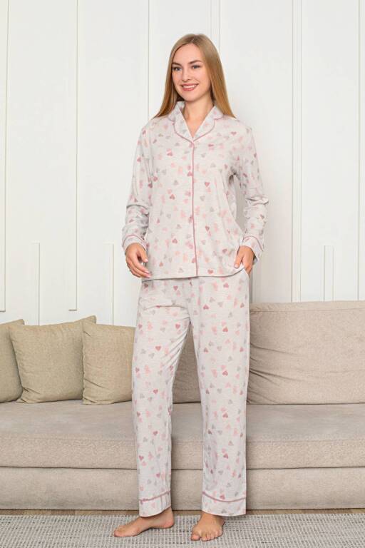 Kalp Desenli Kadın Pijama Takımı - Önden Düğmeli Likralı Uzun Kollu 2868UY - 3