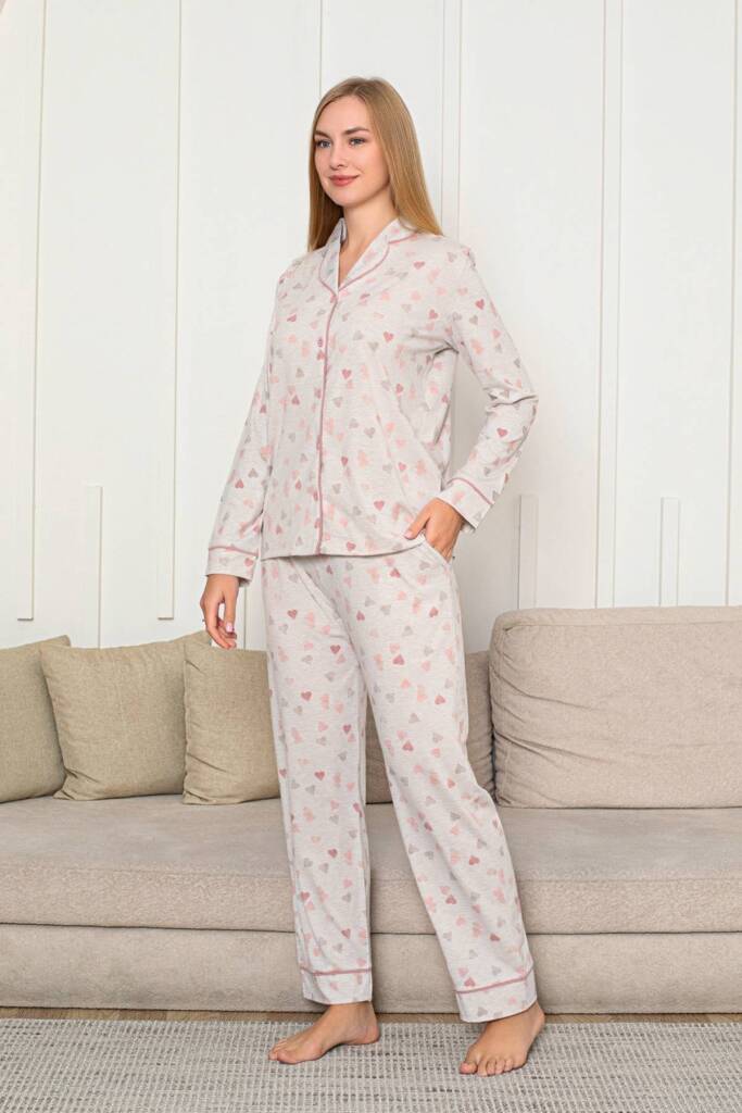 Kalp Desenli Kadın Pijama Takımı - Önden Düğmeli Likralı Uzun Kollu 2868UY - 2