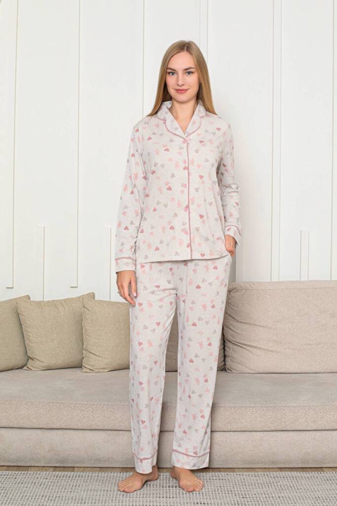 Kalp Desenli Kadın Pijama Takımı - Önden Düğmeli Likralı Uzun Kollu 2868UY - 1