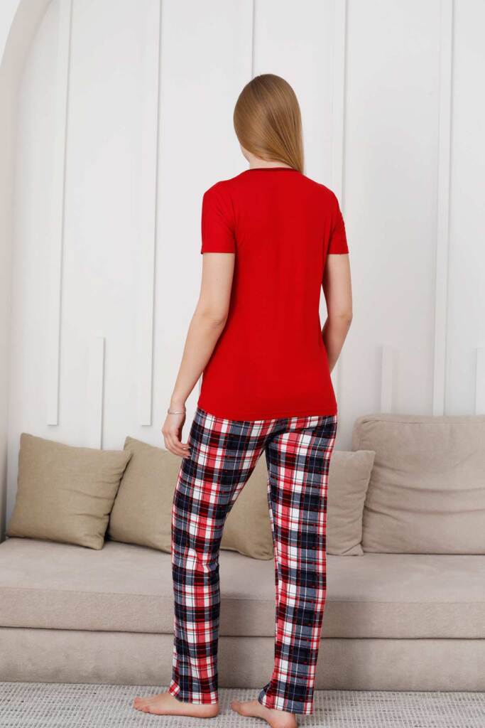 Kareli Kadın Pijama Takımı - 3 Düğme Kısa Kol Likralı Viskon 2848KY - 4