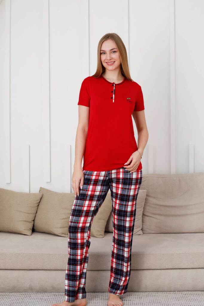 Kareli Kadın Pijama Takımı - 3 Düğme Kısa Kol Likralı Viskon 2848KY - 1