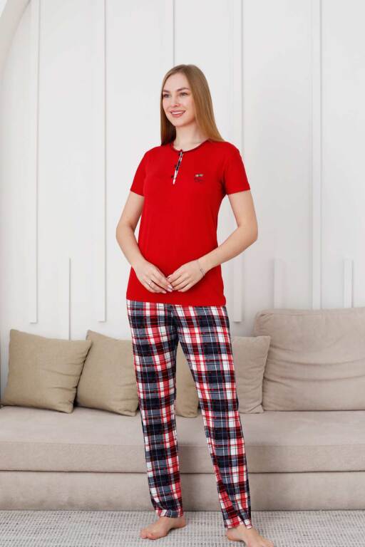 Kareli Kadın Pijama Takımı - 3 Düğme Kısa Kol Likralı Viskon 2848KY - 3