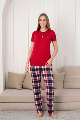 Kareli Kadın Pijama Takımı - 3 Düğme Kısa Kol Likralı Viskon 2848KY - Alimer