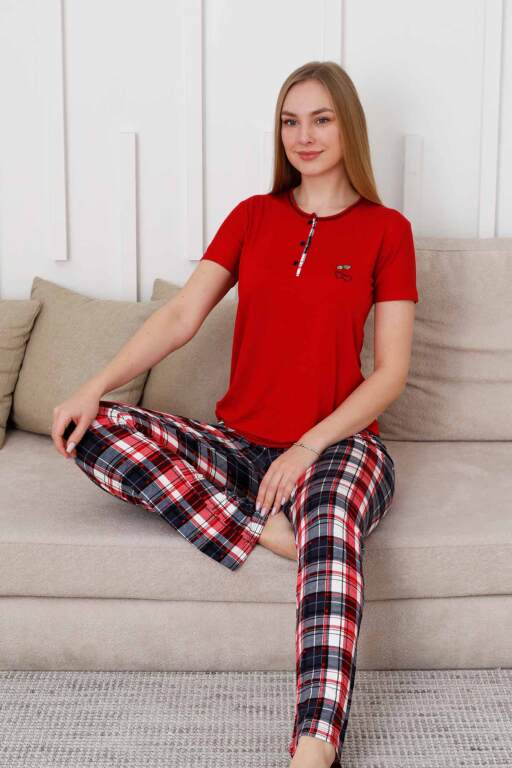 Kareli Kadın Pijama Takımı - 3 Düğme Kısa Kol Likralı Viskon 2848KY - Alimer (1)