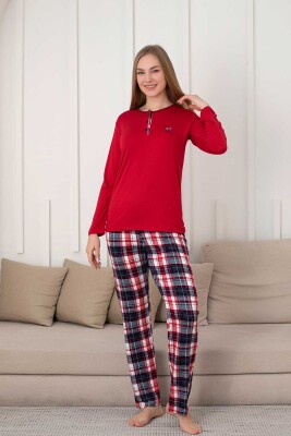 Kareli Kadın Pijama Takımı - 3 Düğme Uzun Kol Likralı Viskon 2848UY - Alimer (1)