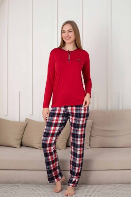 Kareli Kadın Pijama Takımı - 3 Düğme Uzun Kol Likralı Viskon 2848UY - Alimer