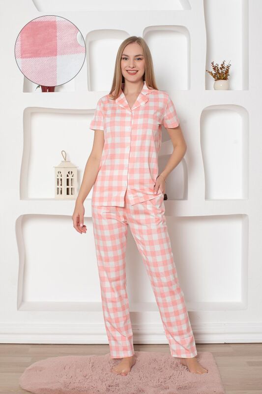  Ekoseli Önden Düğmeli Kadın Pijama Takımı - Pembe Kısa Kollu Penye 2793KY - 1