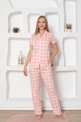  Ekoseli Önden Düğmeli Kadın Pijama Takımı - Pembe Kısa Kollu Penye 2793KY - 2